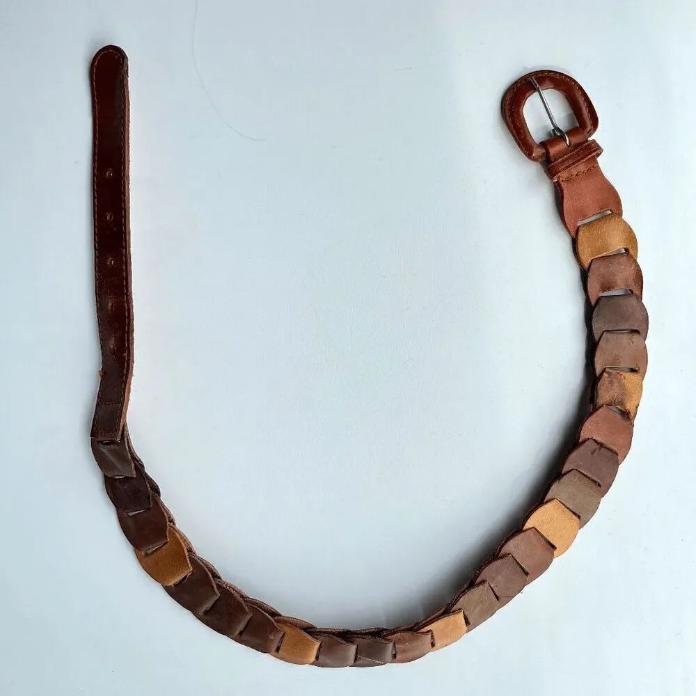 Vintage 70s Woven Leather Belt, Made in England,โAdjustable Size Small